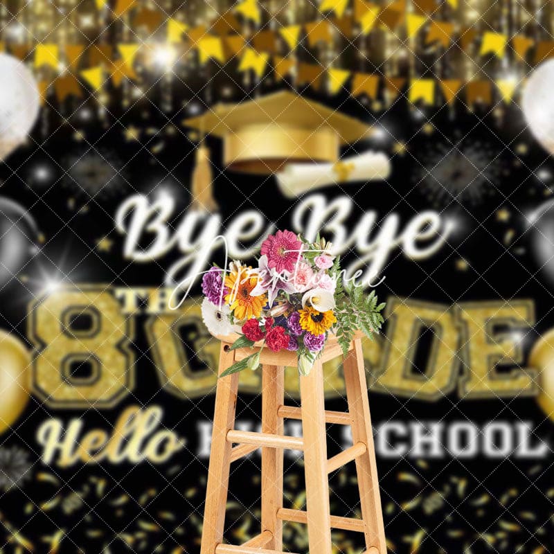 Aperturee - Aperturee Black Gold Balloon Bye 8th Grade Graduation Backdrop