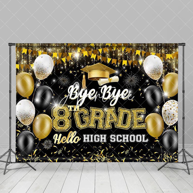 Aperturee - Aperturee Black Gold Balloon Bye 8th Grade Graduation Backdrop