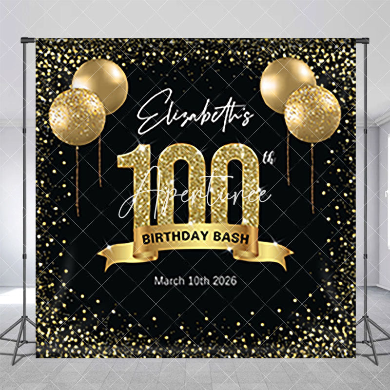 Aperturee - Aperturee Black Gold Balloon Custom 100th Birthday Backdrop