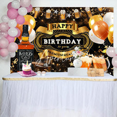 Aperturee - Aperturee Black Gold Balloons Beer Happy Birthday Backdrop