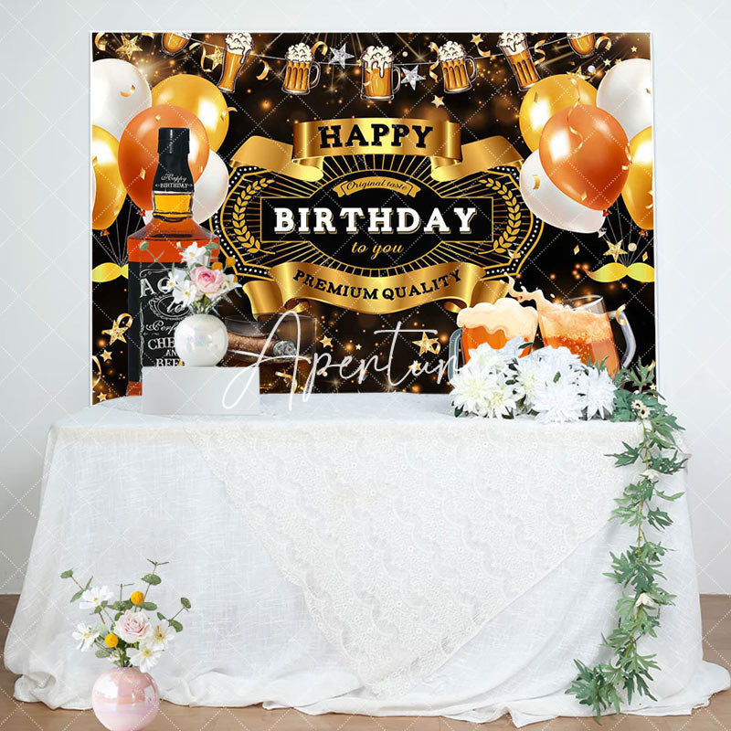 Aperturee - Aperturee Black Gold Balloons Beer Happy Birthday Backdrop