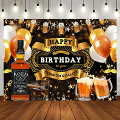 Aperturee - Aperturee Black Gold Balloons Beer Happy Birthday Backdrop