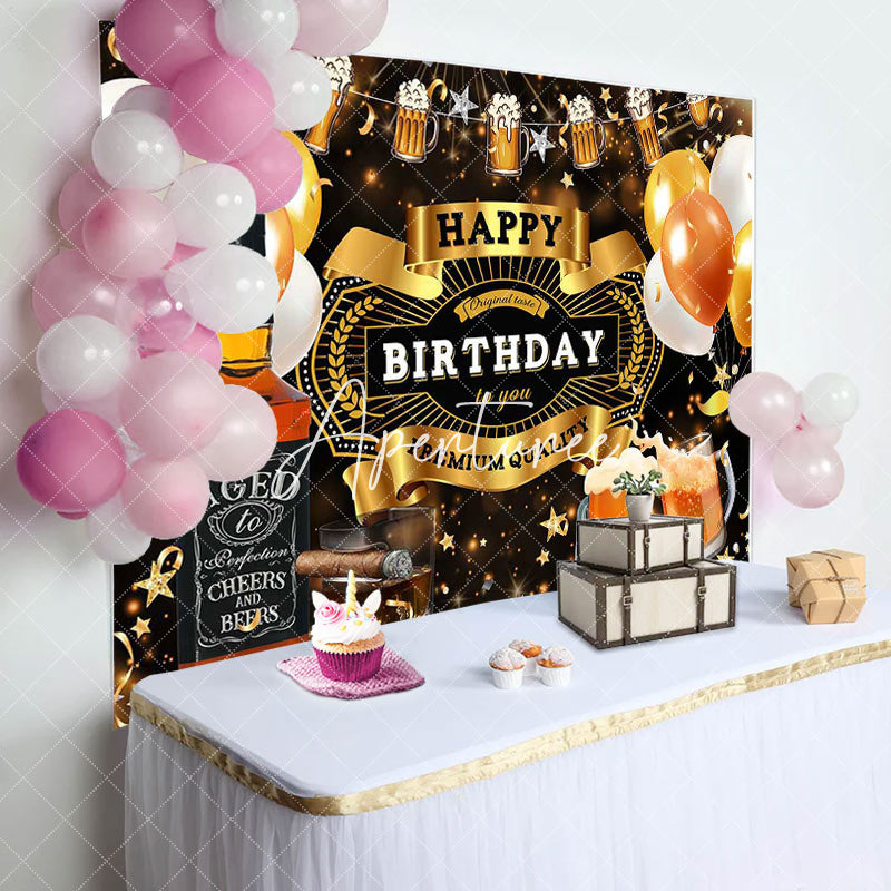 Aperturee - Aperturee Black Gold Balloons Beer Happy Birthday Backdrop