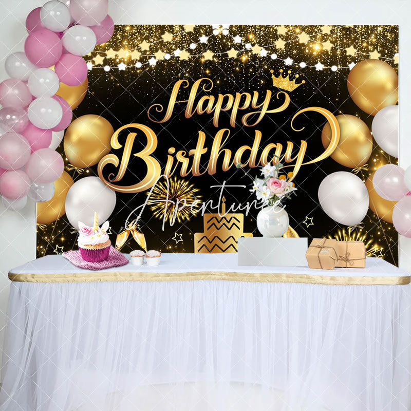 Aperturee - Aperturee Black Gold Balloons Cheers Birthday Party Backdrop