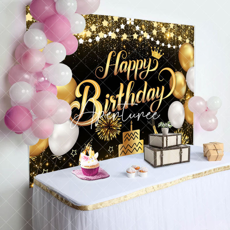 Aperturee - Aperturee Black Gold Balloons Cheers Birthday Party Backdrop