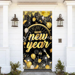 Aperturee - Aperturee Black Gold Balloons Clock Happy New Year Door Cover