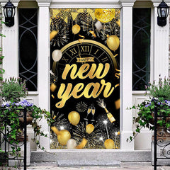 Aperturee - Aperturee Black Gold Balloons Clock Happy New Year Door Cover