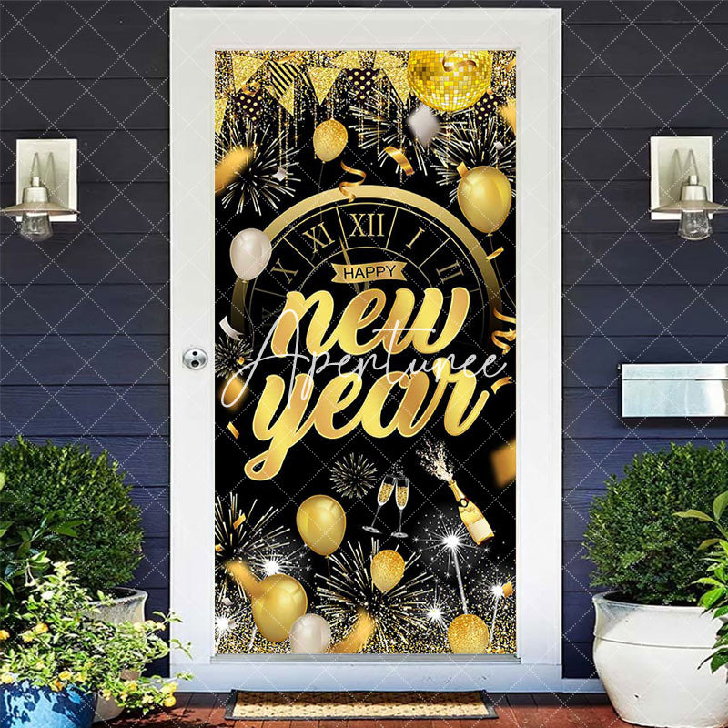 Aperturee - Aperturee Black Gold Balloons Clock Happy New Year Door Cover