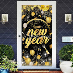 Aperturee - Aperturee Black Gold Balloons Clock Happy New Year Door Cover