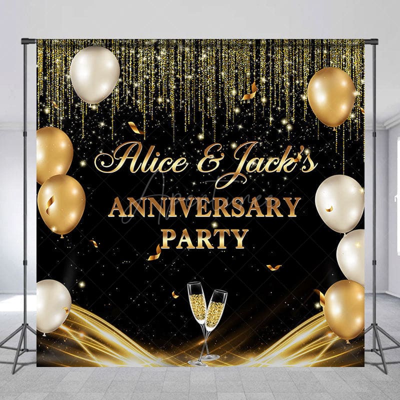 Aperturee - Aperturee Black Gold Balloons Custom Name Anniversary Backdrop