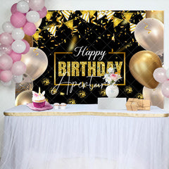 Aperturee - Aperturee Black Gold Balloons Ribbons Happy Birthday Backdrop