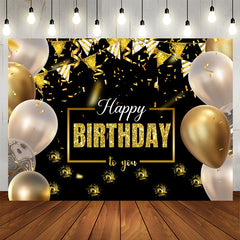 Aperturee - Aperturee Black Gold Balloons Ribbons Happy Birthday Backdrop