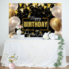 Aperturee - Aperturee Black Gold Balloons Ribbons Happy Birthday Backdrop