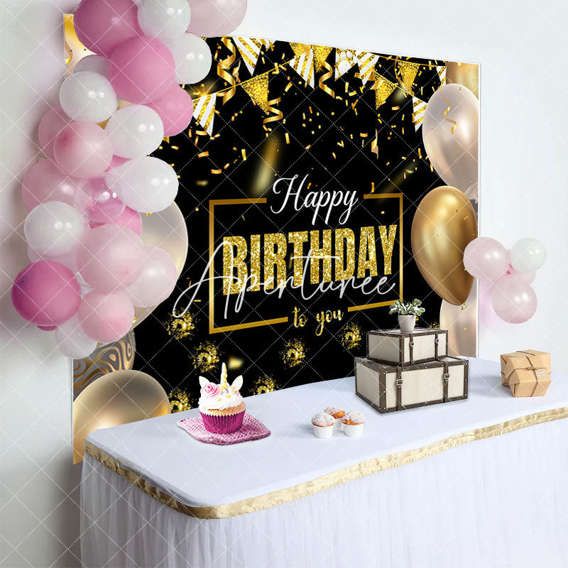 Aperturee - Aperturee Black Gold Balloons Ribbons Happy Birthday Backdrop