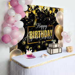 Aperturee - Aperturee Black Gold Balloons Ribbons Happy Birthday Backdrop