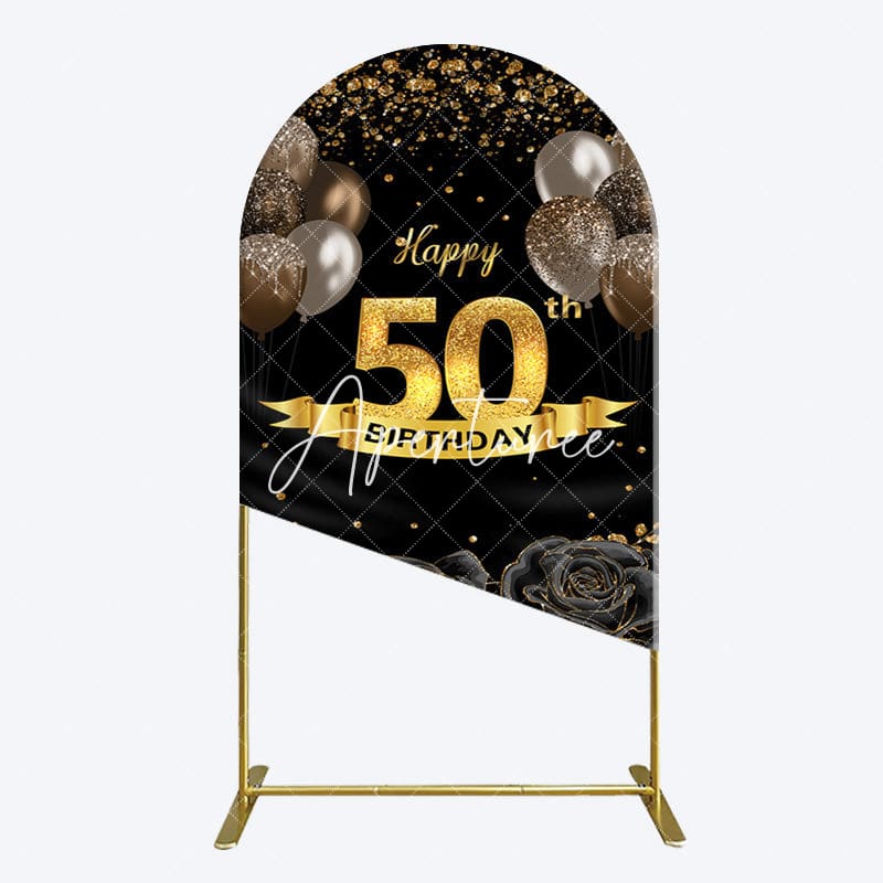 Aperturee - Aperturee Black Gold Balloons Rose 50th Birthday Arch Backdrop