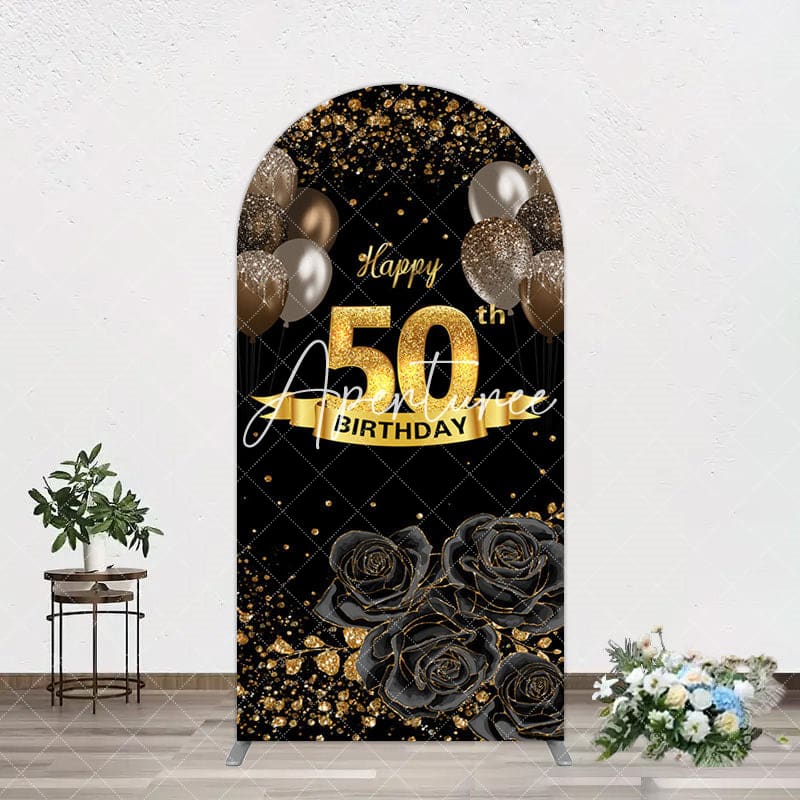 Aperturee - Aperturee Black Gold Balloons Rose 50th Birthday Arch Backdrop