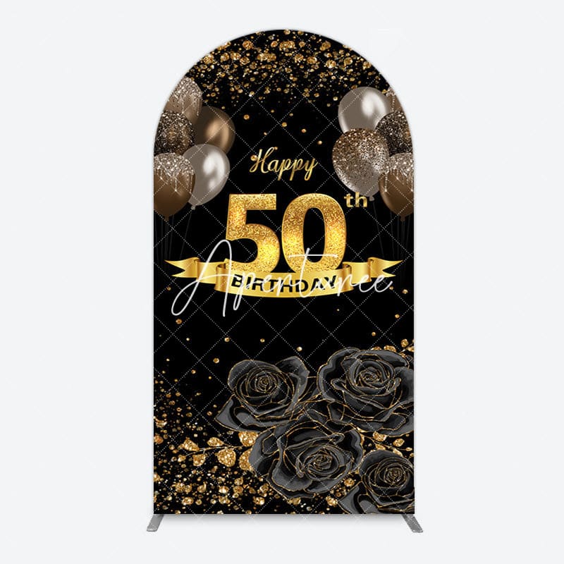 Aperturee - Aperturee Black Gold Balloons Rose 50th Birthday Arch Backdrop