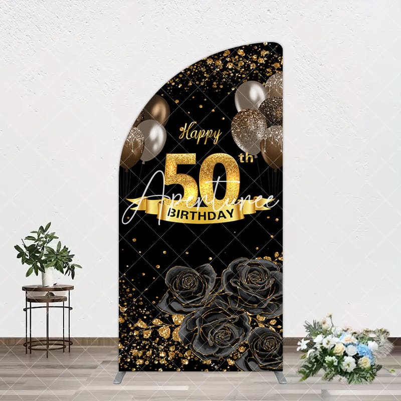 Aperturee - Aperturee Black Gold Balloons Rose 50th Birthday Half Moon Arch Backdrop