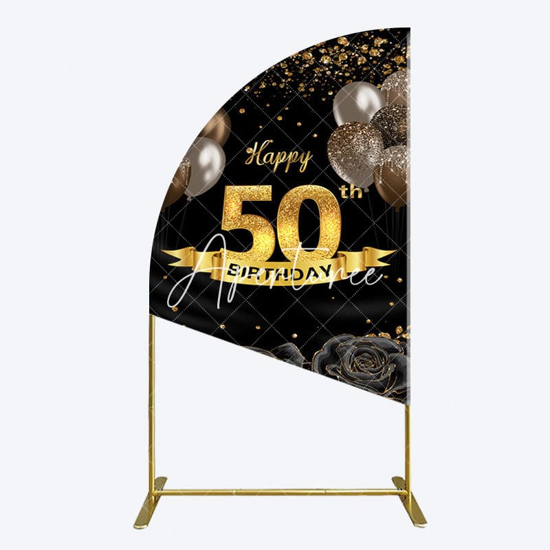 Aperturee - Aperturee Black Gold Balloons Rose 50th Birthday Half Moon Arch Backdrop