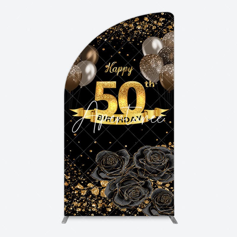 Aperturee - Aperturee Black Gold Balloons Rose 50th Birthday Half Moon Arch Backdrop