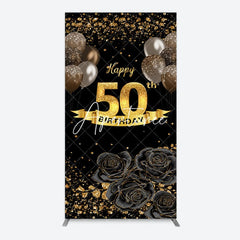 Aperturee - Aperturee Black Gold Balloons Rose 50th Birthday Rectangle Backdrop