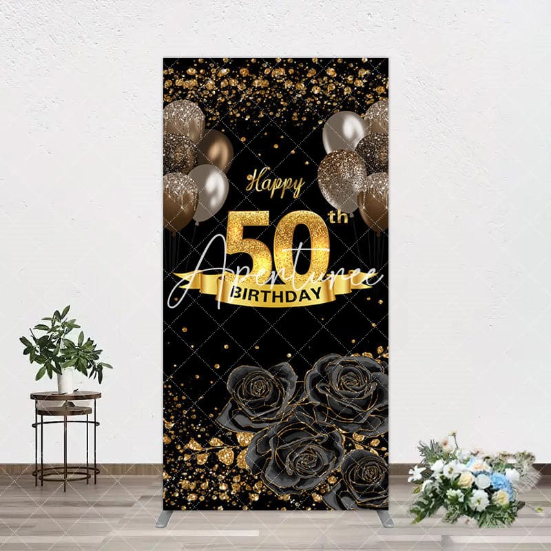 Aperturee - Aperturee Black Gold Balloons Rose 50th Birthday Rectangle Backdrop