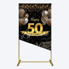 Aperturee - Aperturee Black Gold Balloons Rose 50th Birthday Rectangle Backdrop