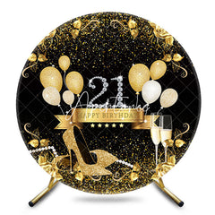 Aperturee - Aperturee Black Gold Balloons Round 21th Birthday Backdrop