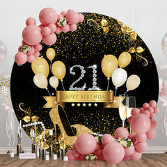 Aperturee - Aperturee Black Gold Balloons Round 21th Birthday Backdrop