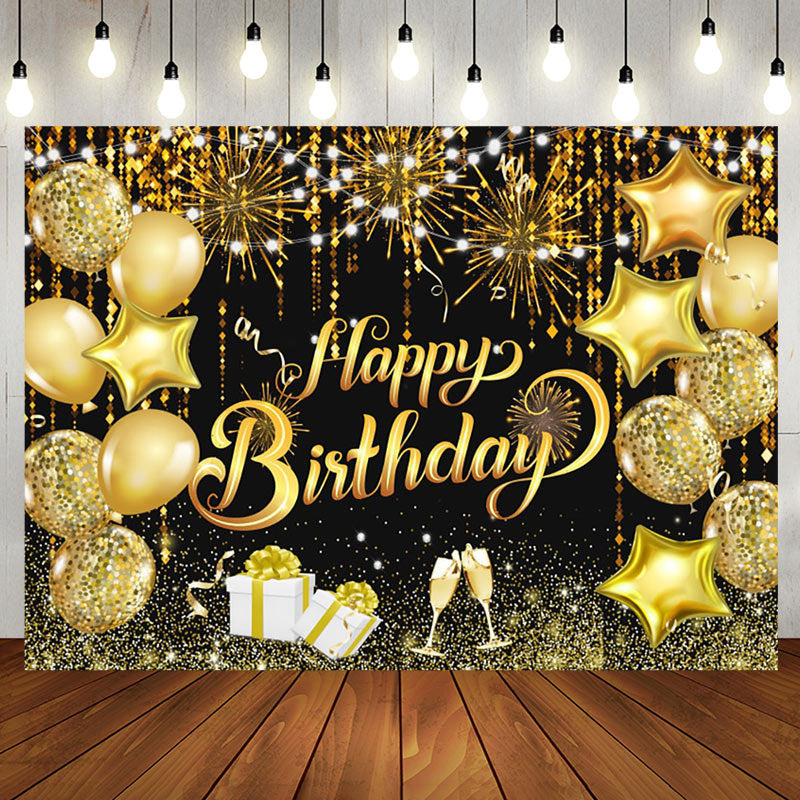 Aperturee - Aperturee Black Gold Balloons Sparkle Happy Birthday Backdrop