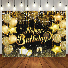 Aperturee - Aperturee Black Gold Balloons Sparkle Happy Birthday Backdrop