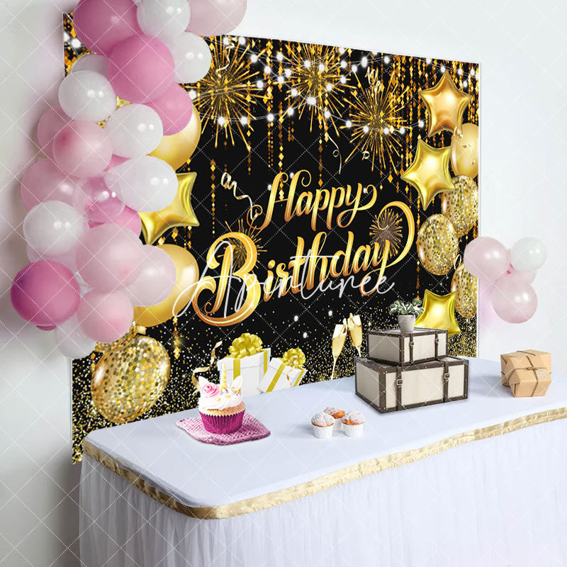 Aperturee - Aperturee Black Gold Balloons Sparkle Happy Birthday Backdrop