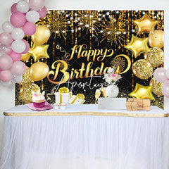 Aperturee - Aperturee Black Gold Balloons Sparkle Happy Birthday Backdrop