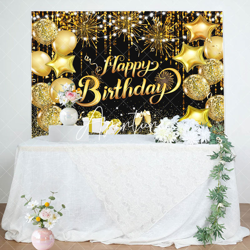 Aperturee - Aperturee Black Gold Balloons Sparkle Happy Birthday Backdrop