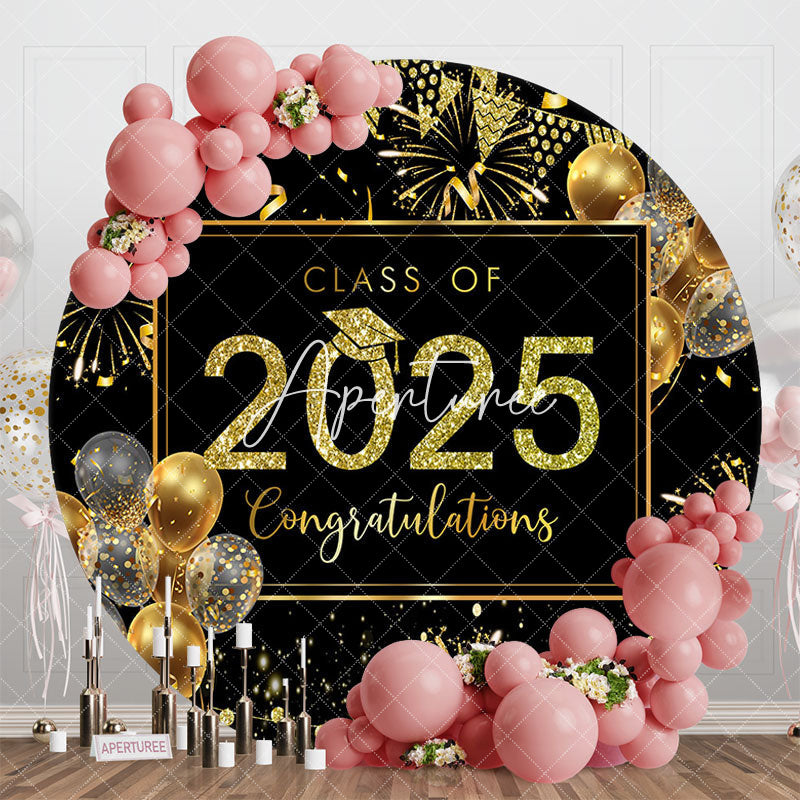 Aperturee - Aperturee Black Gold Balloons Sparkle Round Graduation Backdrop