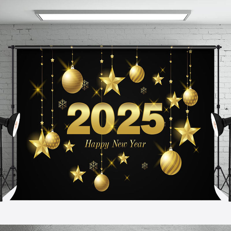 Aperturee - Aperturee Black Gold Bells Stars 2025 Happy New Year Backdrop