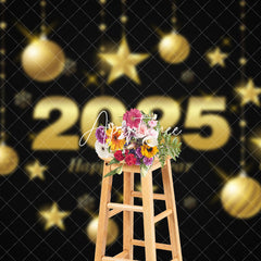 Aperturee - Aperturee Black Gold Bells Stars 2025 Happy New Year Backdrop