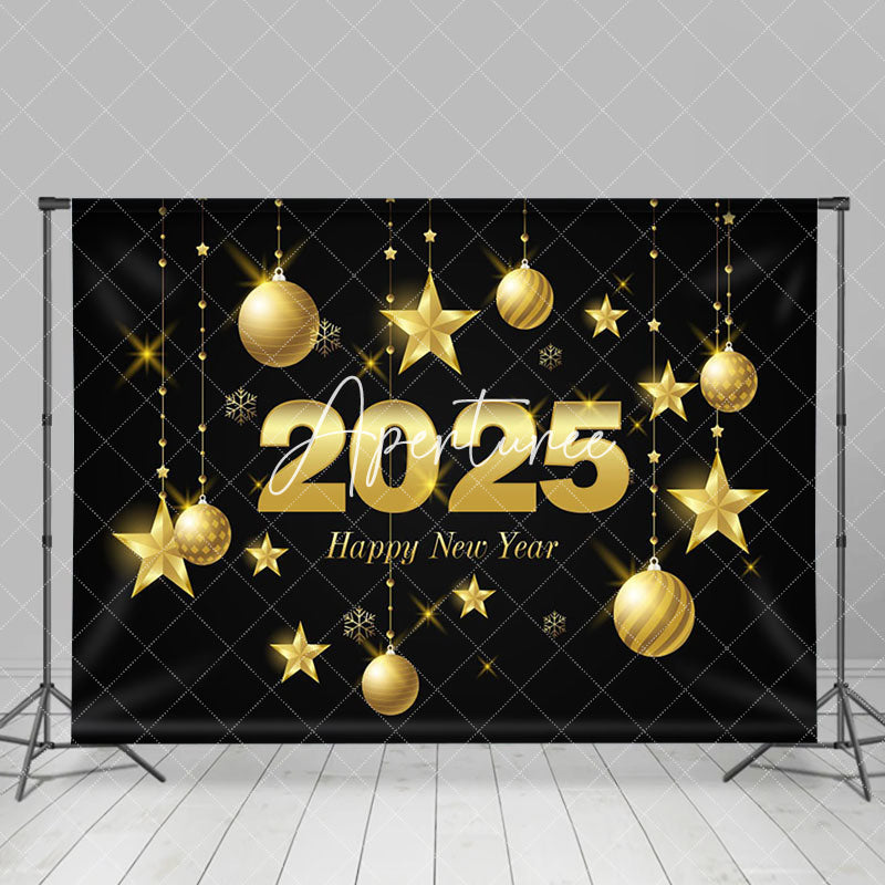 Aperturee - Aperturee Black Gold Bells Stars 2025 Happy New Year Backdrop