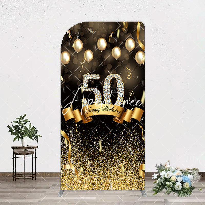 Aperturee - Aperturee Black Gold Bokeh Ribbons 50th Birthday Arch Backdrop