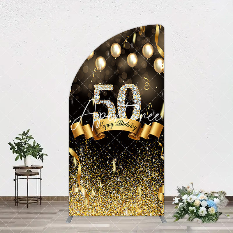 Aperturee - Aperturee Black Gold Bokeh Ribbons 50th Birthday Arch Backdrop