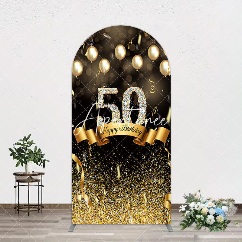 Aperturee - Aperturee Black Gold Bokeh Ribbons 50th Birthday Arch Backdrop