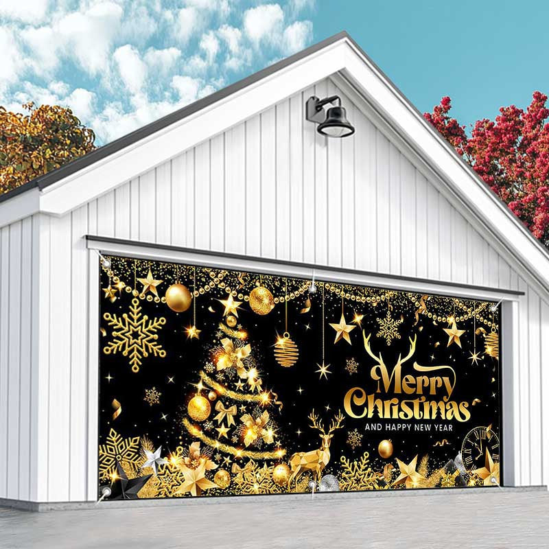 Aperturee - Aperturee Black Gold Christmas And New Year Garage Door Banner