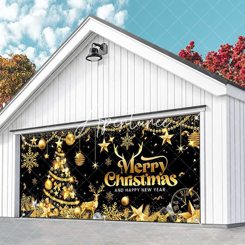 Aperturee - Aperturee Black Gold Christmas And New Year Garage Door Banner