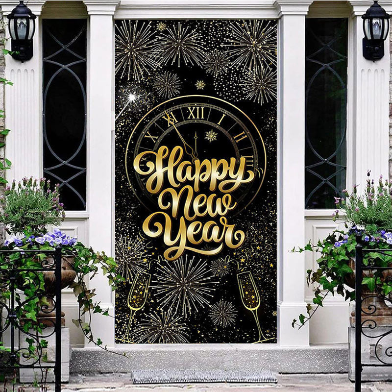 Aperturee - Aperturee Black Gold Clock Bloom Glitter New Year Door Cover