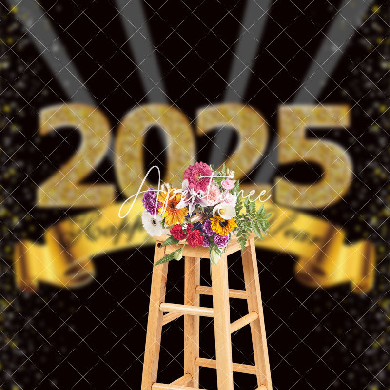 Aperturee - Aperturee Black Gold Dots Glitter 2025 Happy New Year Backdrop