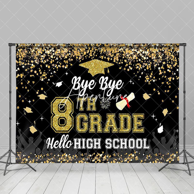 Aperturee - Aperturee Black Gold Glitter Bye 8th Grade Graduation Backdrop