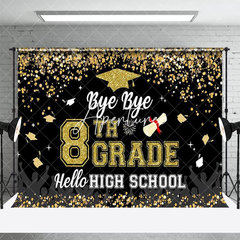 Aperturee - Aperturee Black Gold Glitter Bye 8th Grade Graduation Backdrop