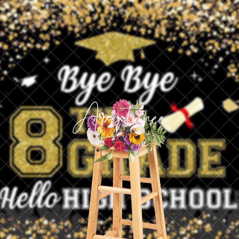 Aperturee - Aperturee Black Gold Glitter Bye 8th Grade Graduation Backdrop