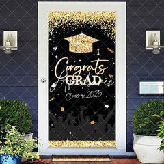 Aperturee - Aperturee Black Gold Glitter Congrats Class 2025 Grad Door Cover